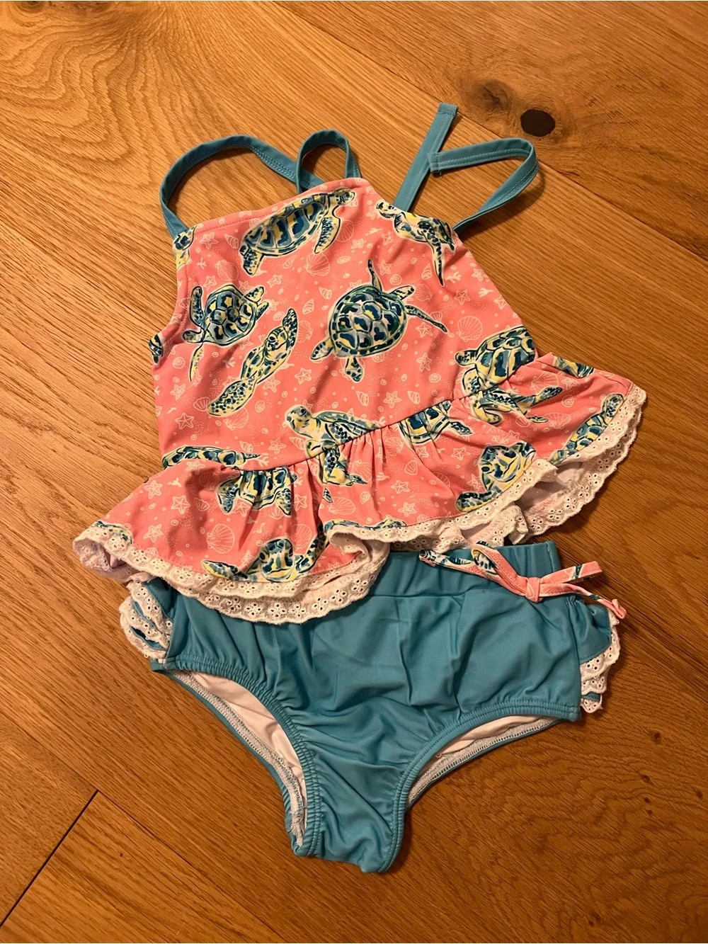 Kids Pink Turtle Print Swim Set with Blue Bottoms